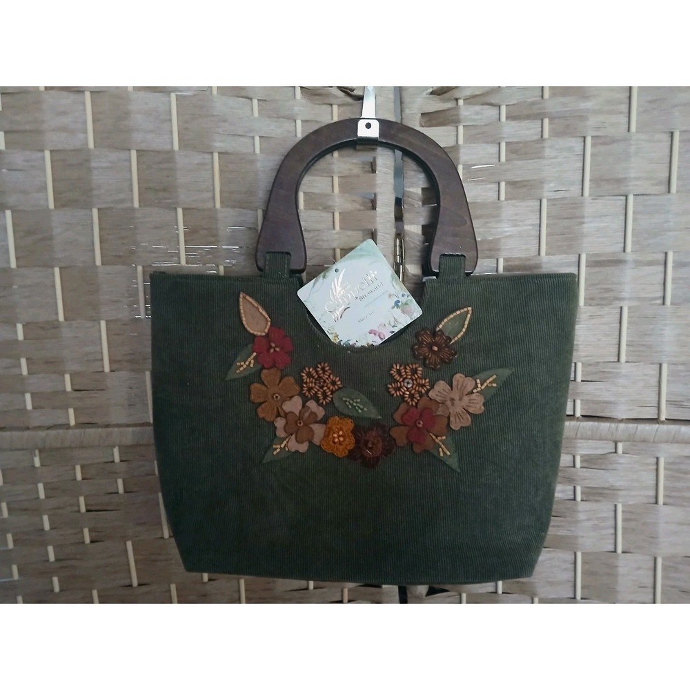 NWT Cappelli Straworld Green Corduroy Floral Embellished Tote Bag Wooden Handles